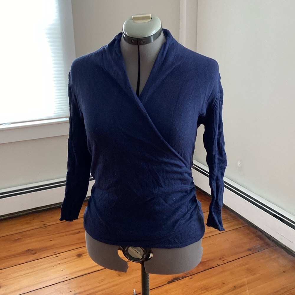 Faux wrap 3/4 sleeve spring sweater